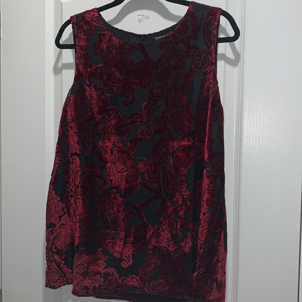 Removed tags, never worn! Black sleeveless blouse, velvet paisleys in burgundy.